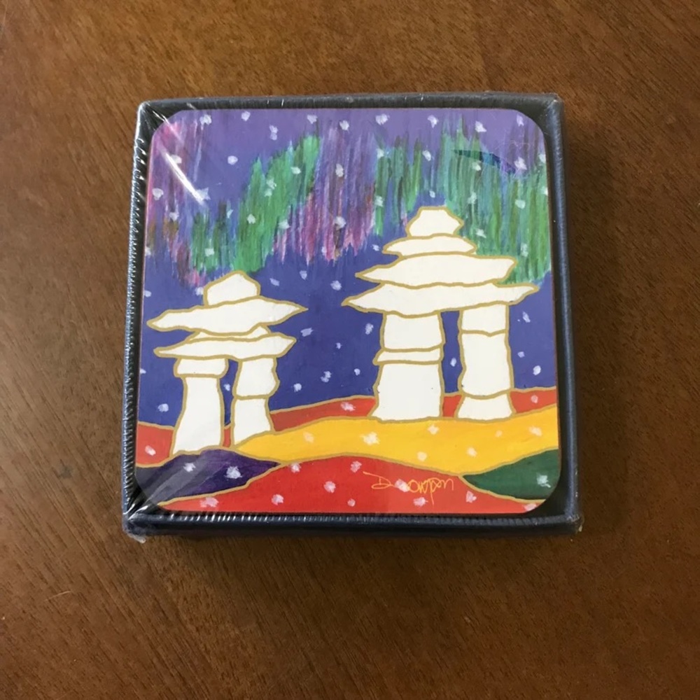 Set of 4 Dawn Oman Yellowknife Canada Inukshuk Polar Bear Cork Back Coasters NEW